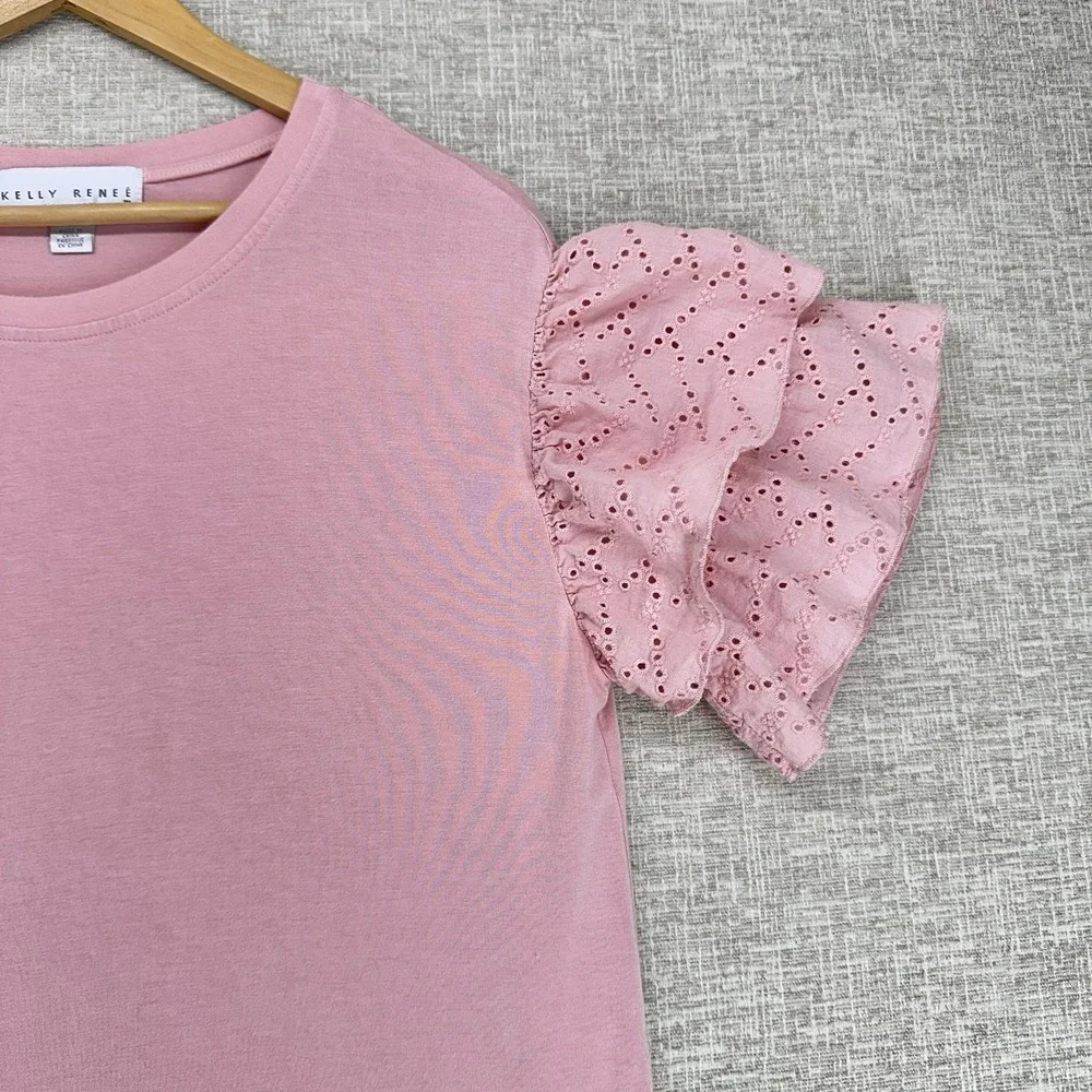 Kelly Renée Shirt Womens Large Pink Eyelet Ruffle Flutter Sleeve Knit Top - Picture 2 of 9